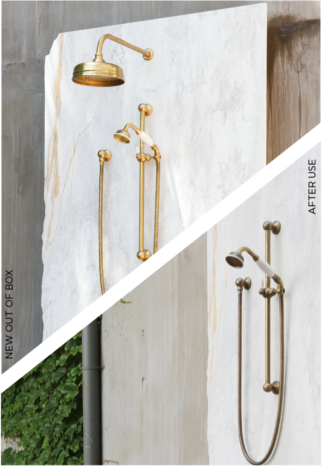 Polished brass tapware  new and aged comparison photo showing the natural patina development of brass outdoor showers.